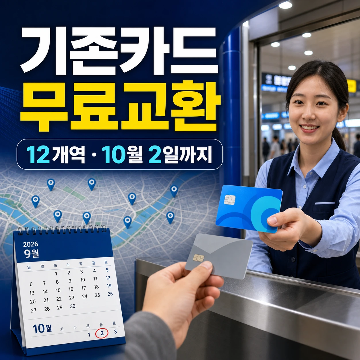 기존 기후동행카드를 지하철역 12곳에서 10월 2일까지 무료 교환하는 카드뉴스