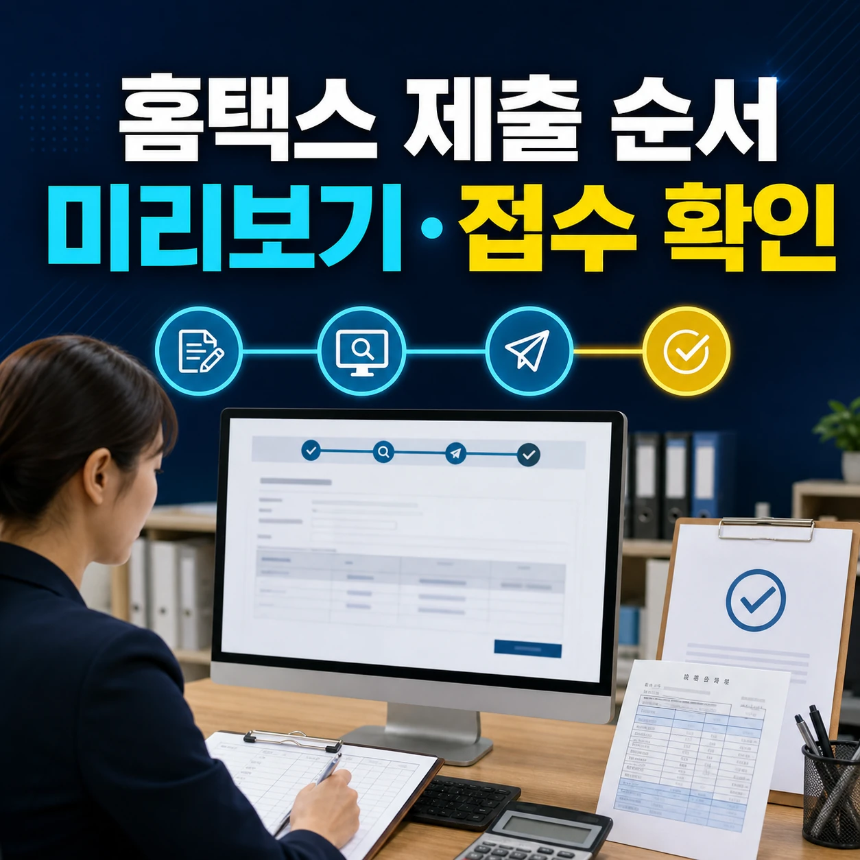 홈택스에서 일용근로소득 지급명세서를 입력하고 미리보기와 접수 결과를 확인하는 카드뉴스
