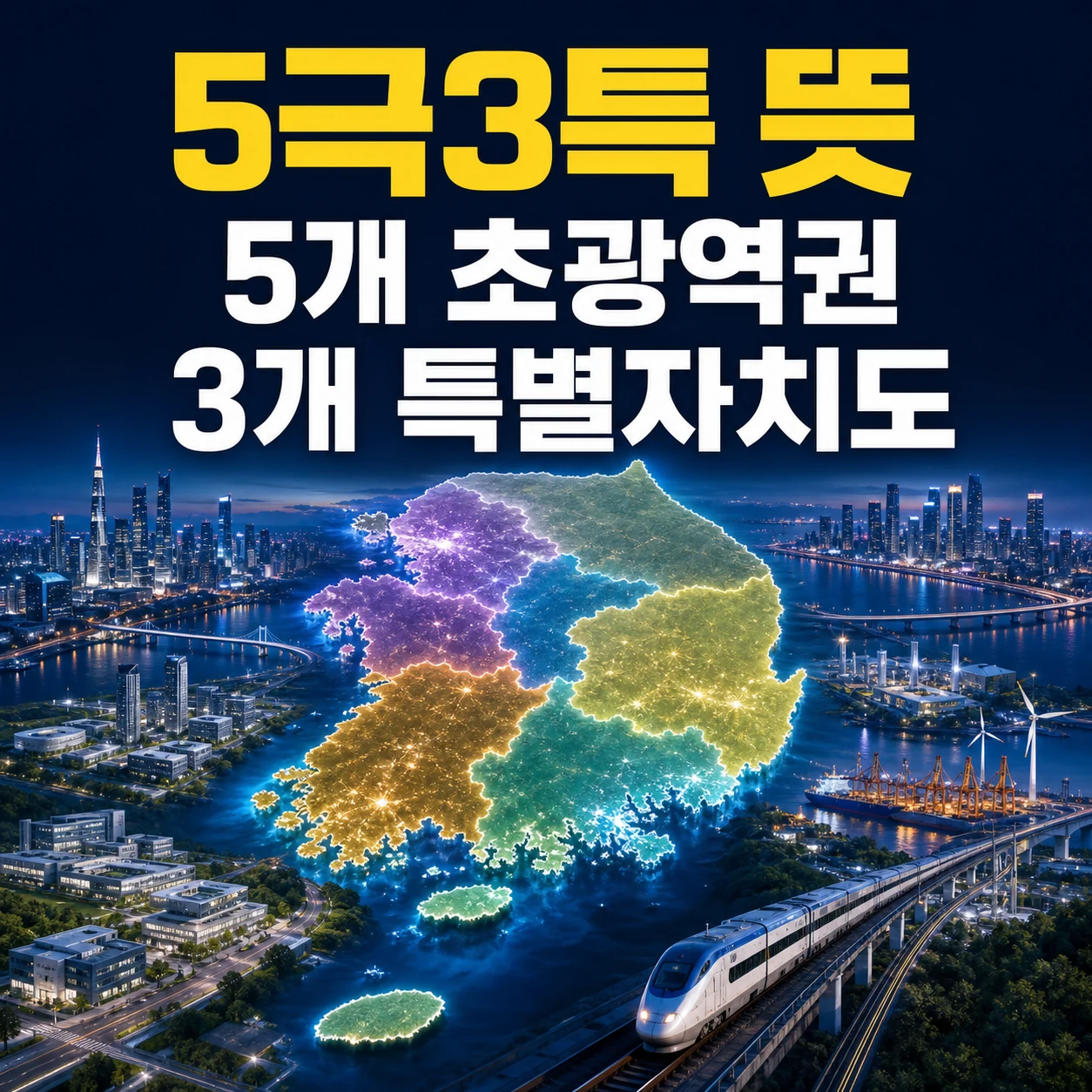 5극3특 뜻과 5개 초광역권 3개 특별자치도 구성을 보여주는 카드뉴스