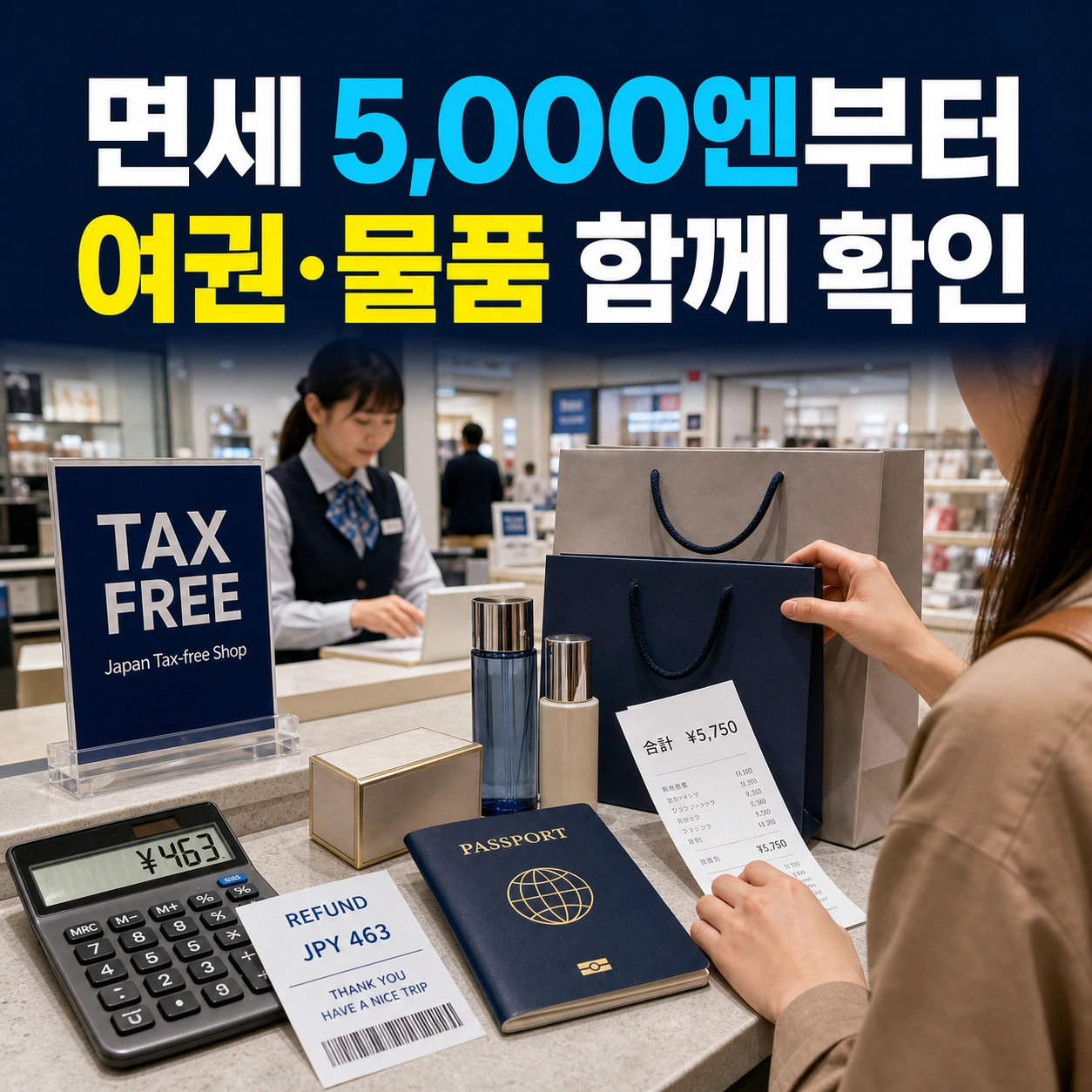 일본 면세 5000엔 구매 조건과 여권 물품 확인을 안내하는 카드뉴스