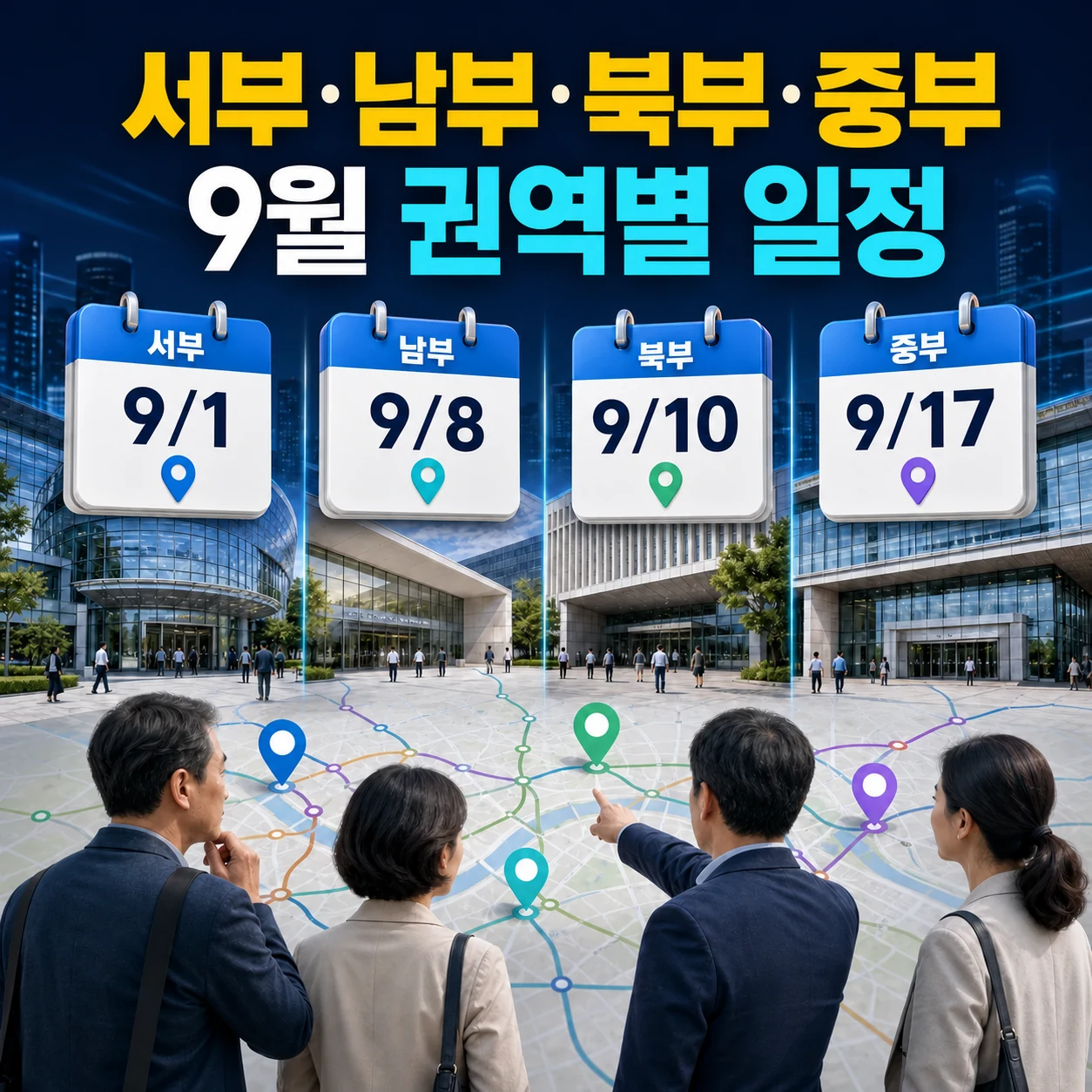 2026 서울 중장년 채용박람회 서부 남부 북부 중부 9월 권역별 일정을 보여주는 카드뉴스