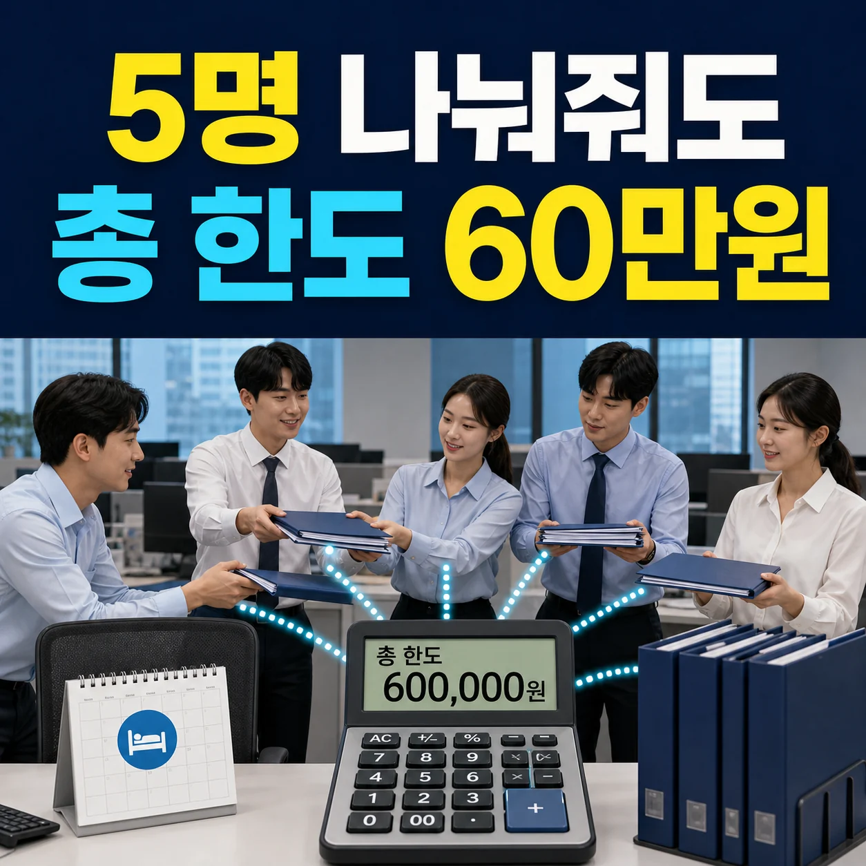 육아휴직자 한 명당 업무분담자 최대 5명과 월 지원 총한도 60만 원을 설명하는 카드뉴스