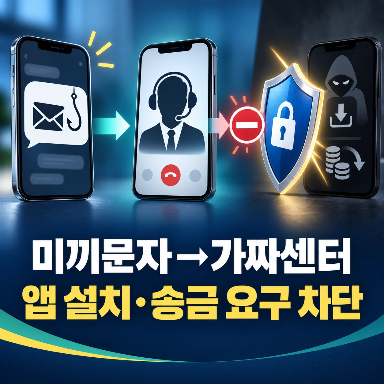 미끼문자에서 가짜 고객센터 통화와 악성 앱 설치 또는 송금 요구로 이어지는 카드결제 보이스피싱 흐름