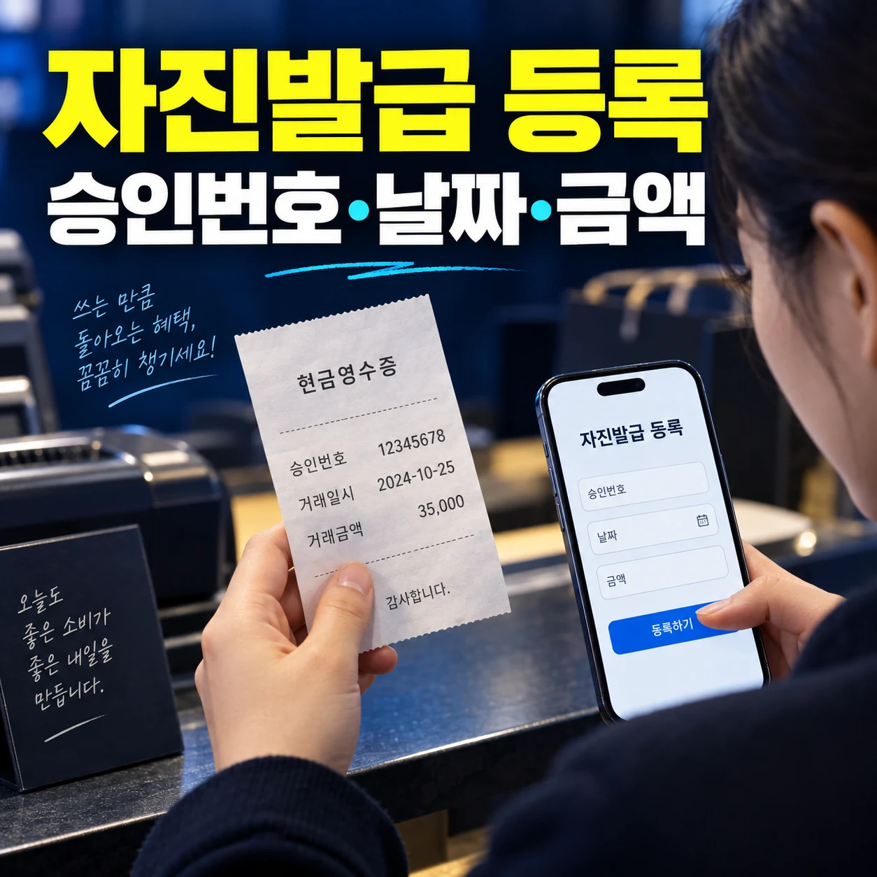 현금영수증 자진발급 영수증의 승인번호 거래일자 사용금액을 등록하는 카드뉴스