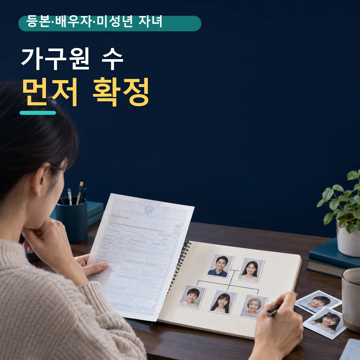 양육비 선지급 소득기준을 확인하기 위해 배우자와 미성년 자녀 등 가구원 범위를 정리하는 모습