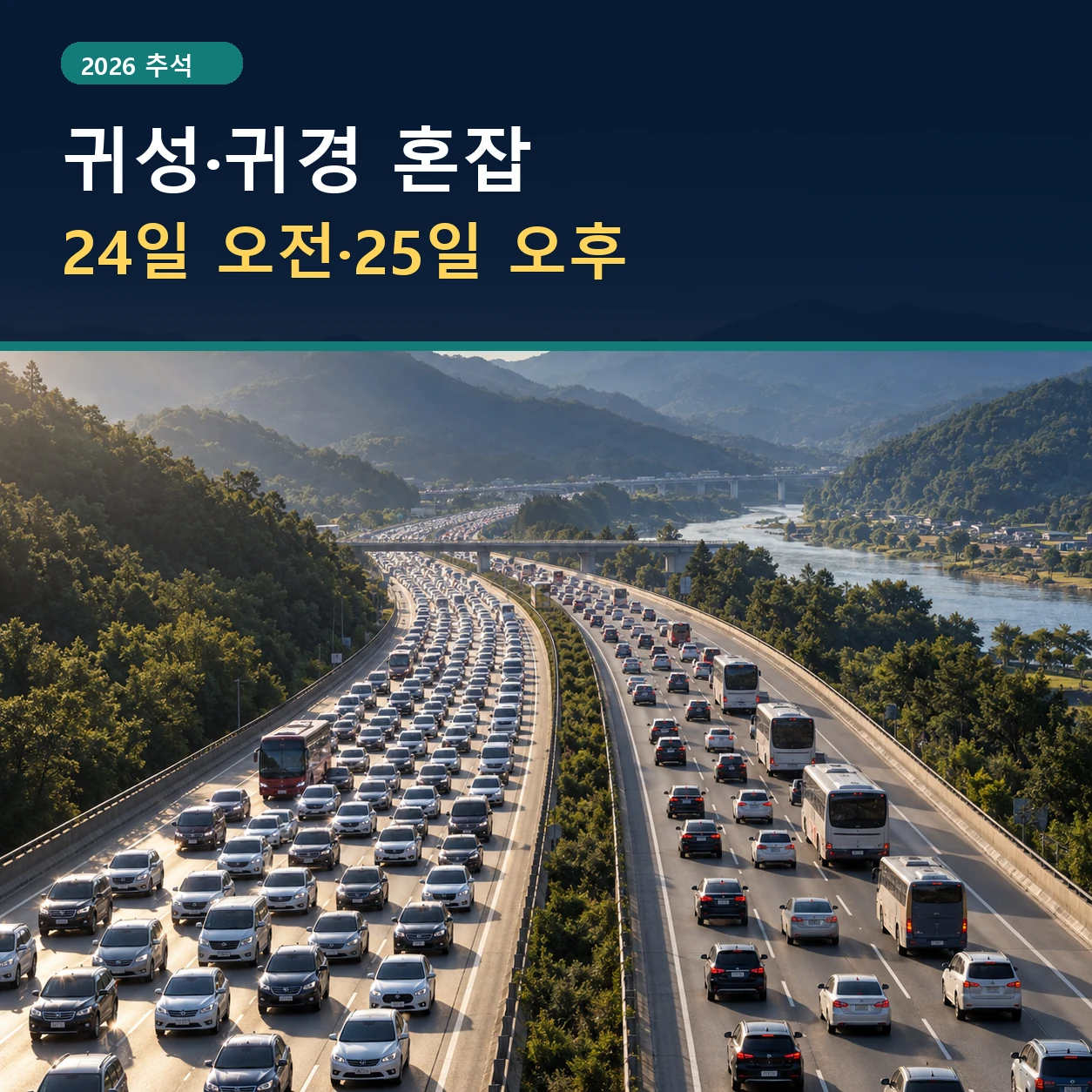 추석 연휴 차량으로 정체된 양방향 고속도로