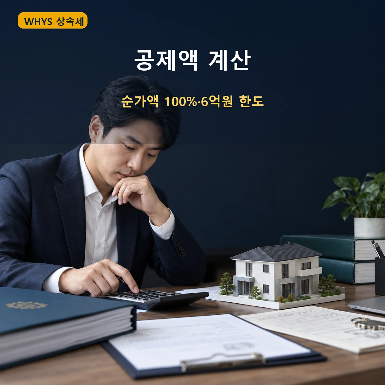 상속인이 주택 모형과 계산기로 동거주택 상속공제액을 계산하는 모습