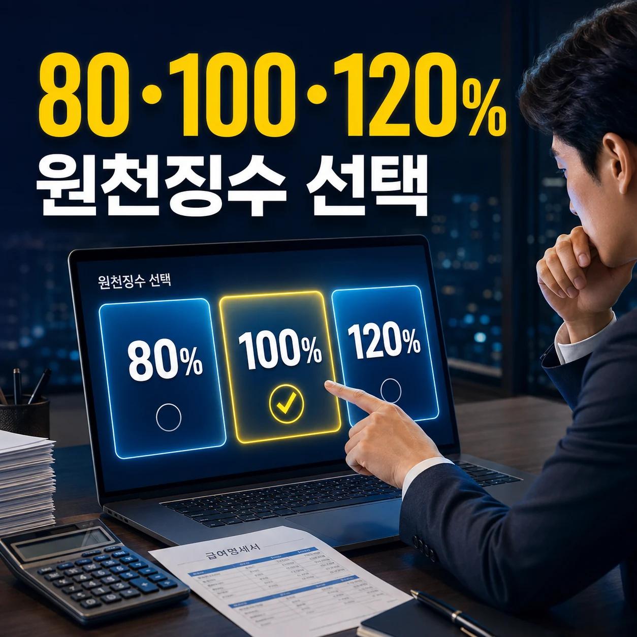 근로소득세 원천징수 80퍼센트 100퍼센트 120퍼센트 선택 비교 카드뉴스