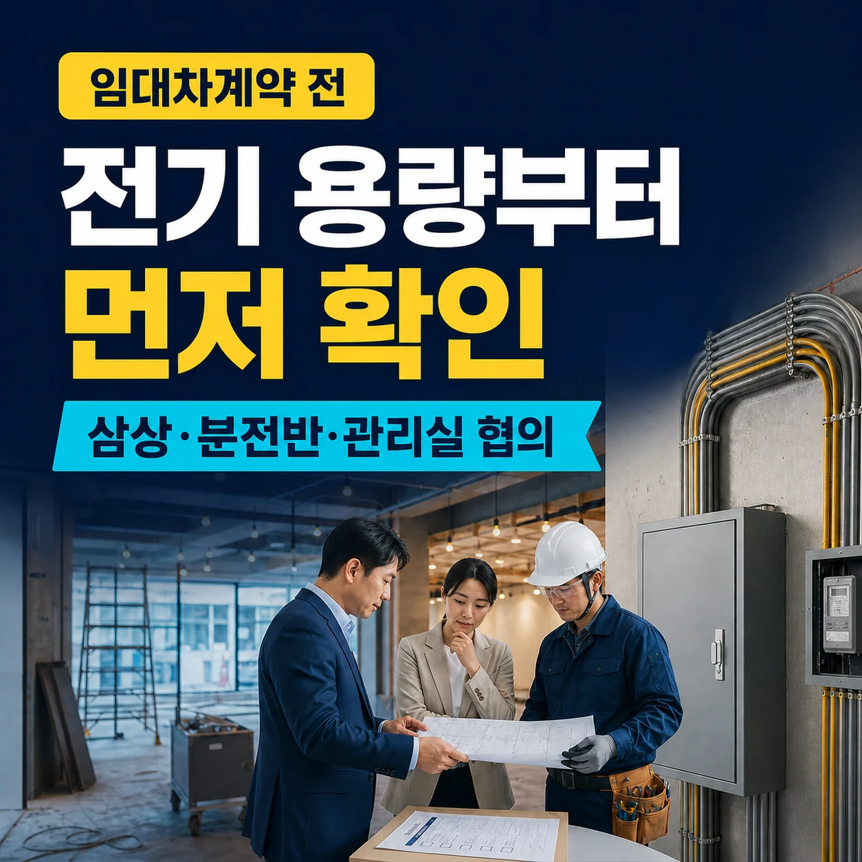 상가 임대차계약 전 전기 용량과 삼상 분전반 관리실을 확인하는 카드뉴스