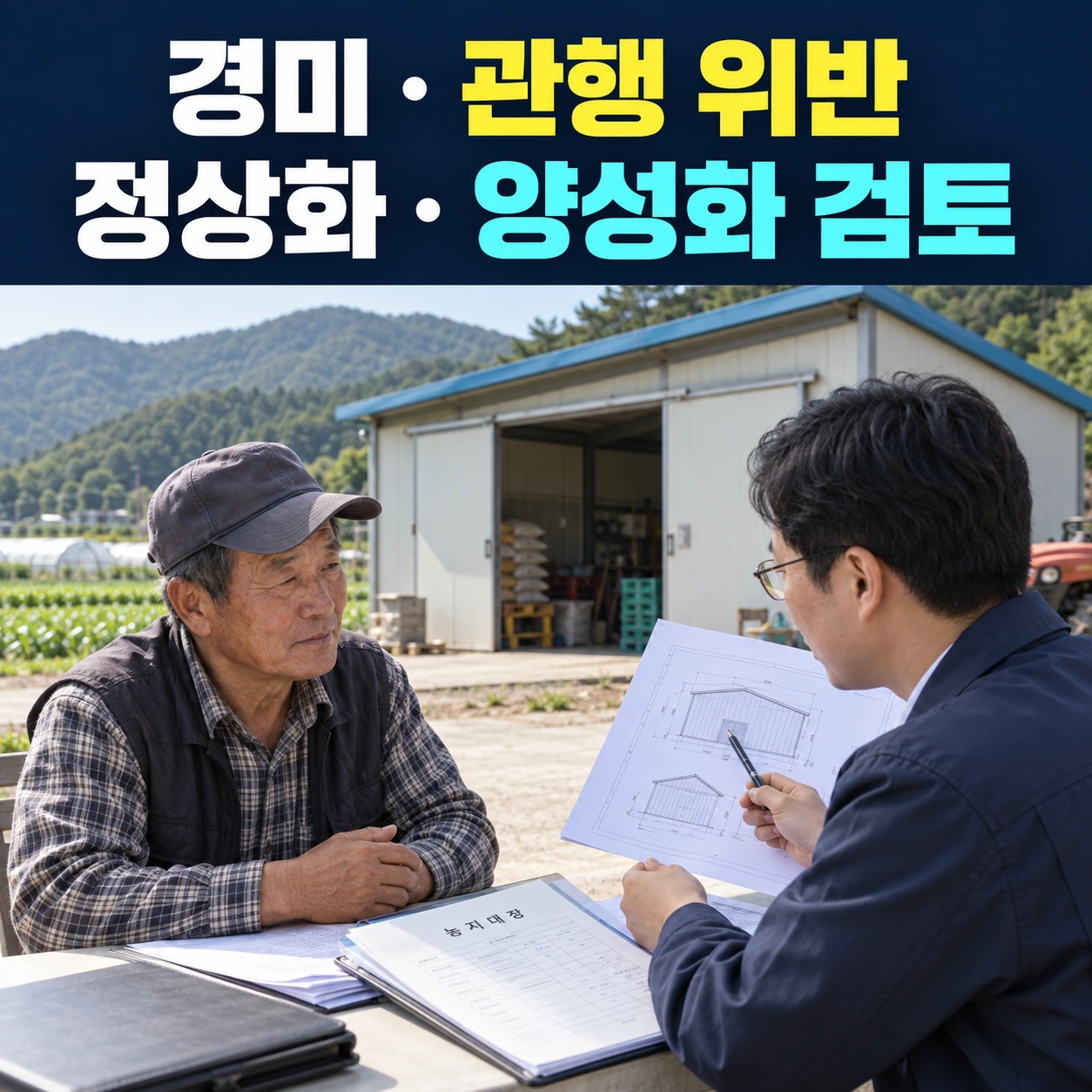 농업인과 담당자가 경미하거나 관행적인 농지 위반의 정상화와 양성화 가능성을 상담하는 모습