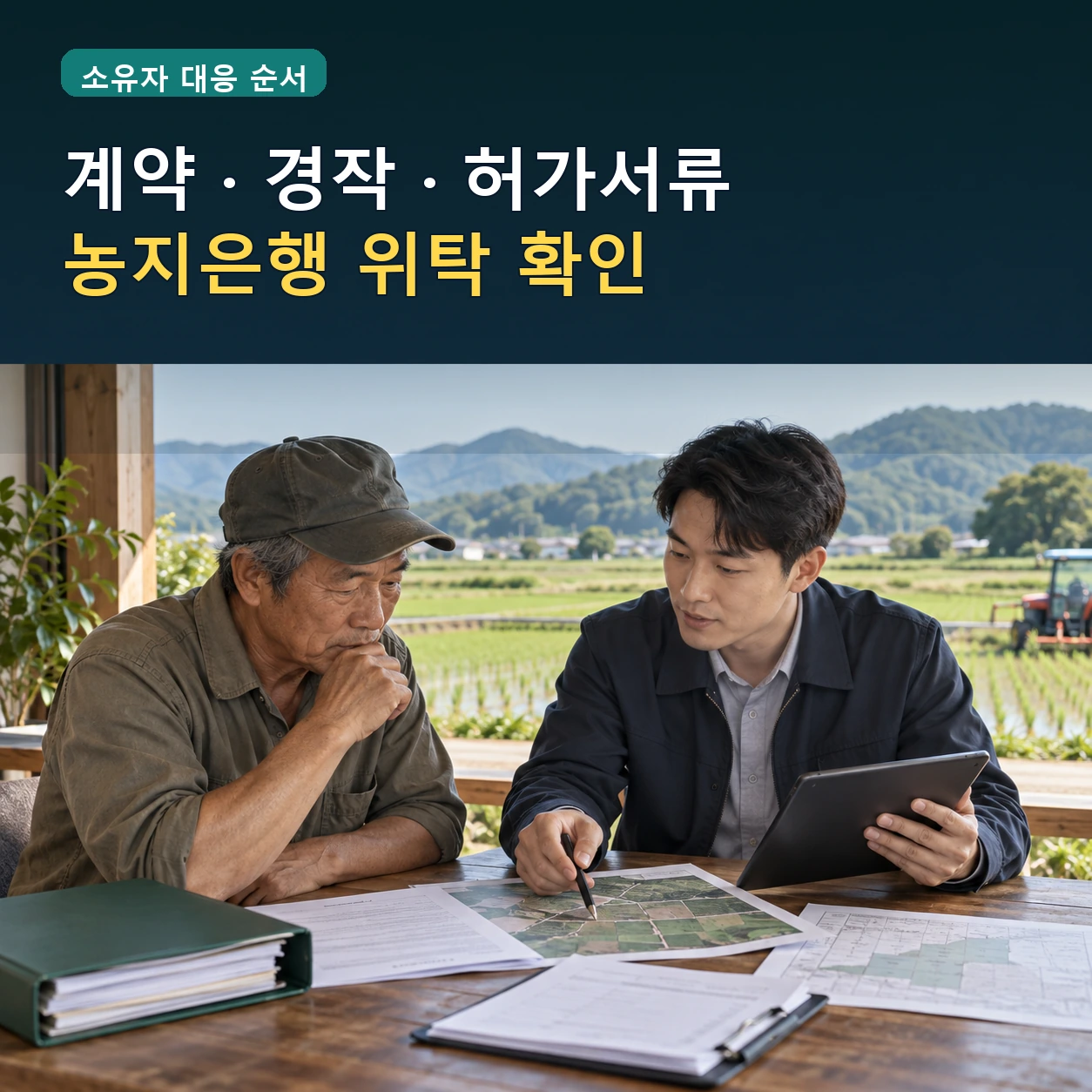 농지 전수조사 연락을 받은 소유자가 계약서 경작자료 전용허가와 농지은행 위탁을 확인하는 모습