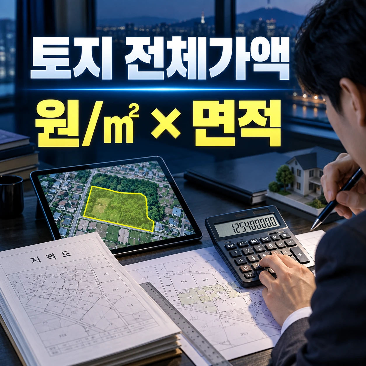 개별공시지가 원제곱미터와 토지 면적을 곱해 전체 공시지가를 계산하는 카드뉴스