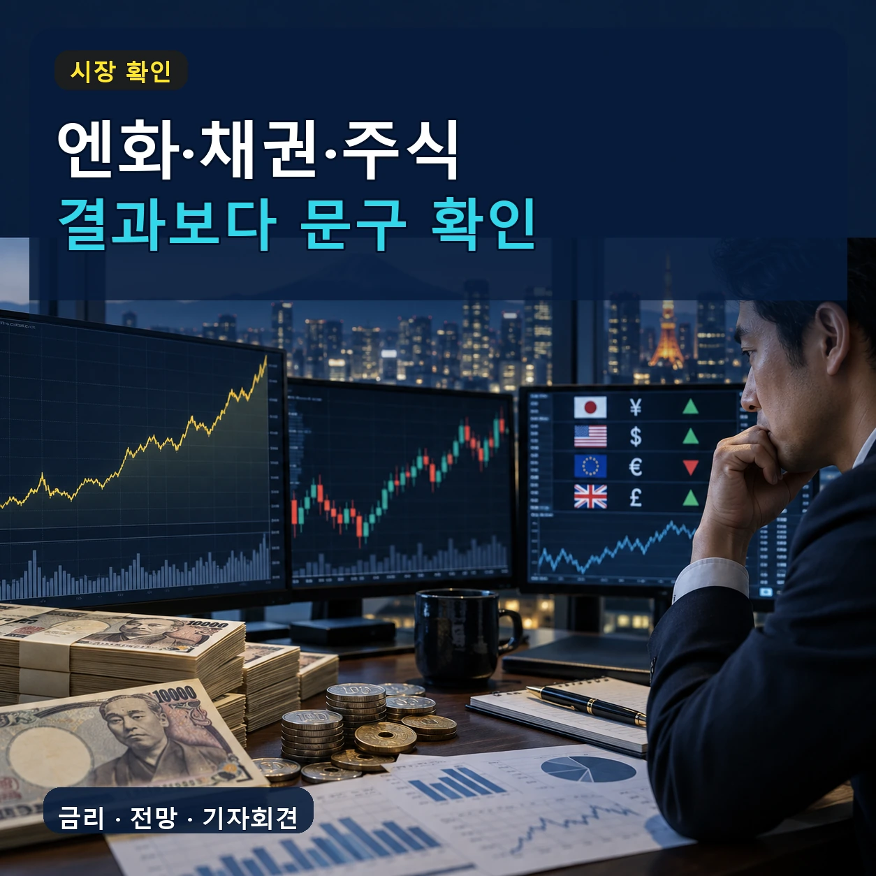 일본 금리 발표 뒤 엔화 채권 주식시장의 반응과 정책 문구를 확인하는 투자자