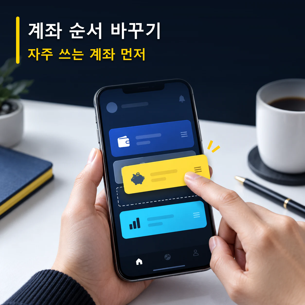 카카오뱅크 홈 편집에서 자주 쓰는 계좌 순서를 변경하는 카드뉴스