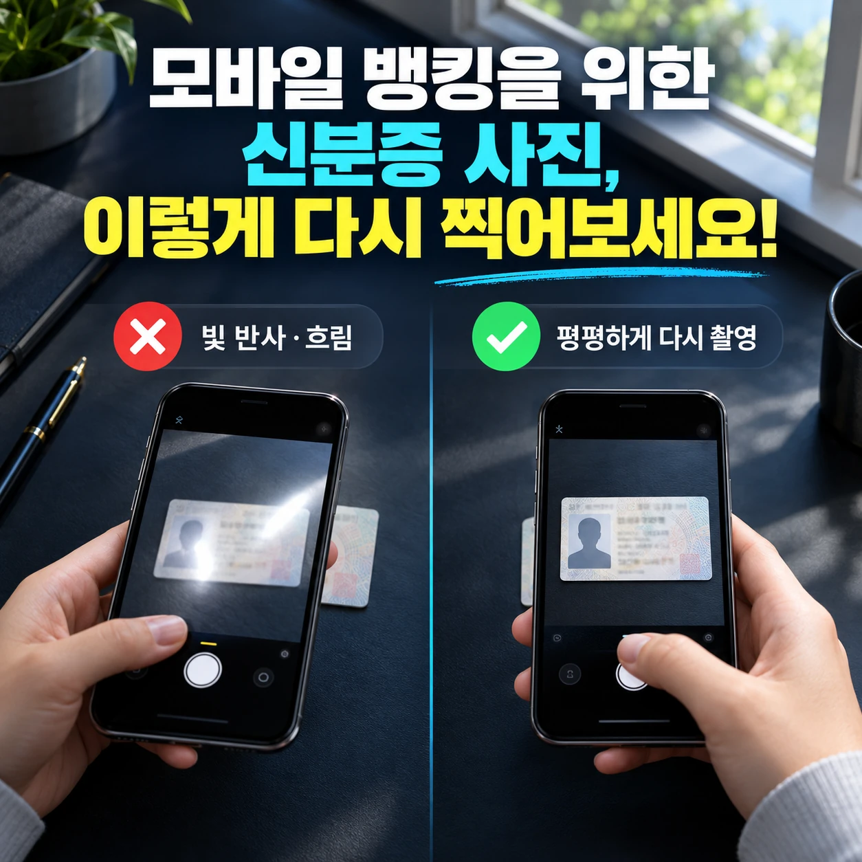 카뱅 신분증 촬영 오류 때 빛 반사와 흐림을 줄이는 재촬영 방법 카드뉴스