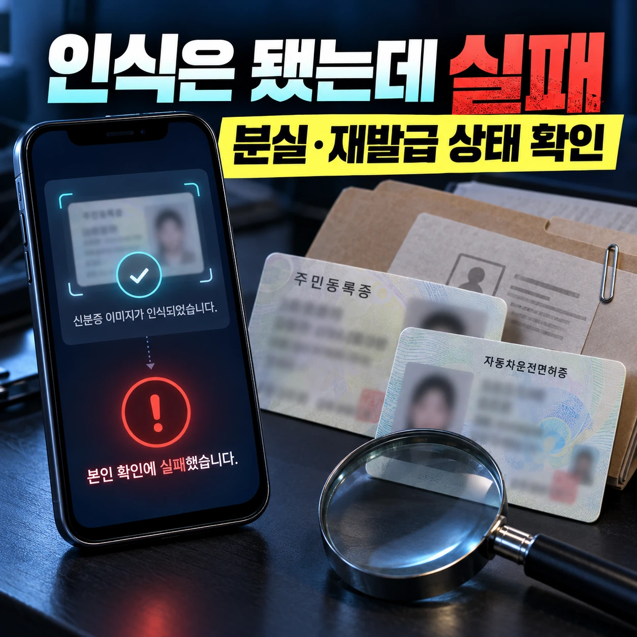 카뱅 신분증 인식 후 진위확인 실패 때 분실신고와 재발급 상태를 확인하는 카드뉴스