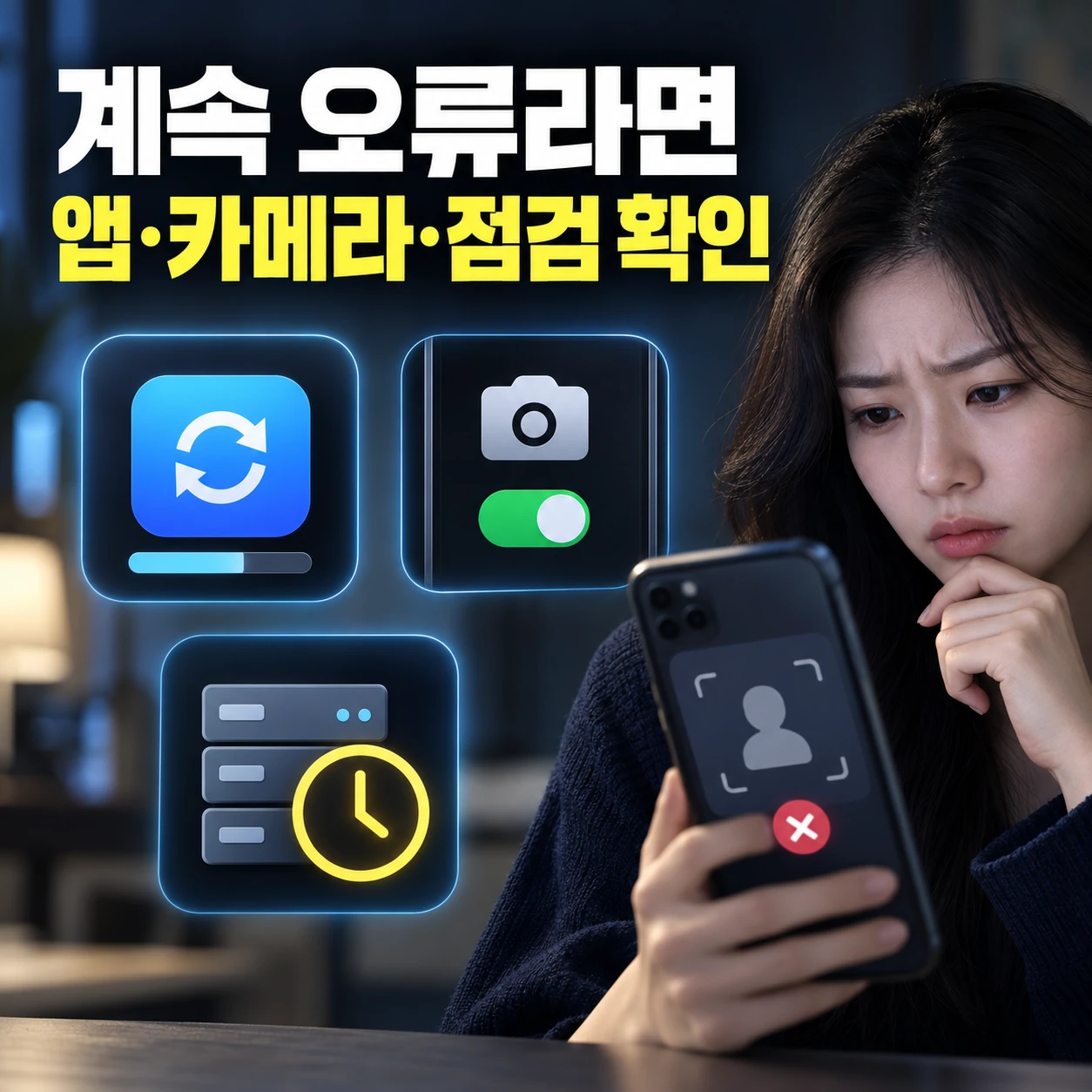 카뱅 신분증 오류가 계속될 때 앱 카메라 권한과 점검 공지를 확인하는 카드뉴스