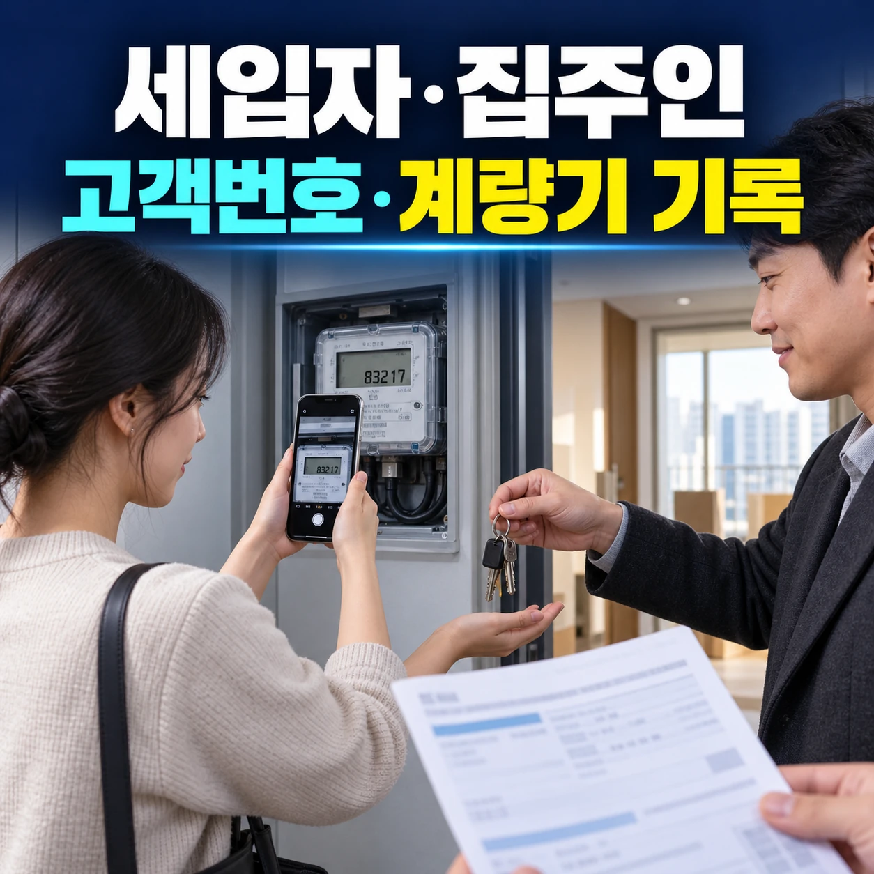 한전 명의변경 전 세입자와 집주인이 고객번호와 계량기 지침을 기록하는 카드뉴스