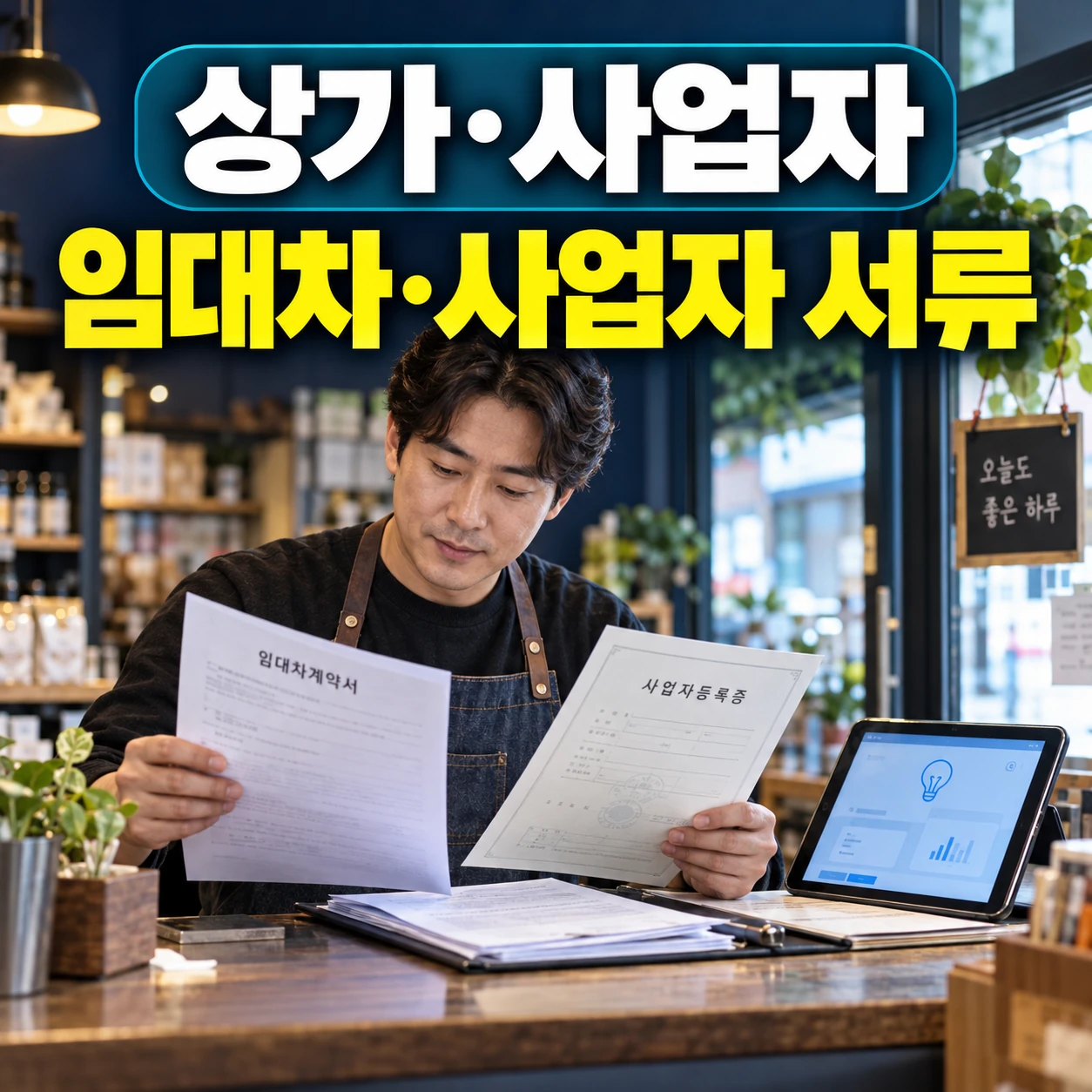 상가 사업자가 임대차계약서와 사업자등록증을 준비해 한전 명의변경을 신청하는 카드뉴스