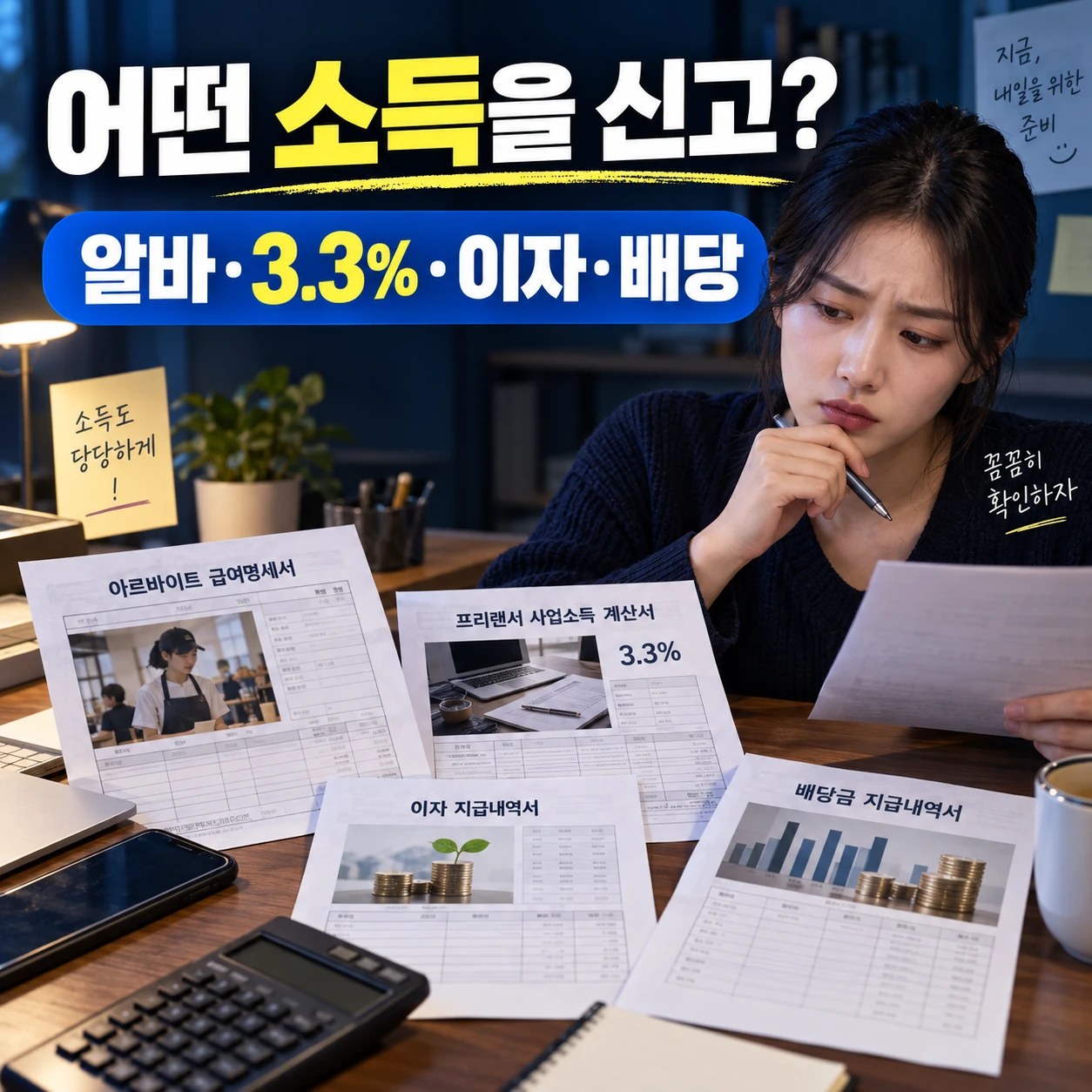 국취제 소득신고 대상인 알바 3.3퍼센트 프리랜서 이자 배당을 확인하는 카드뉴스