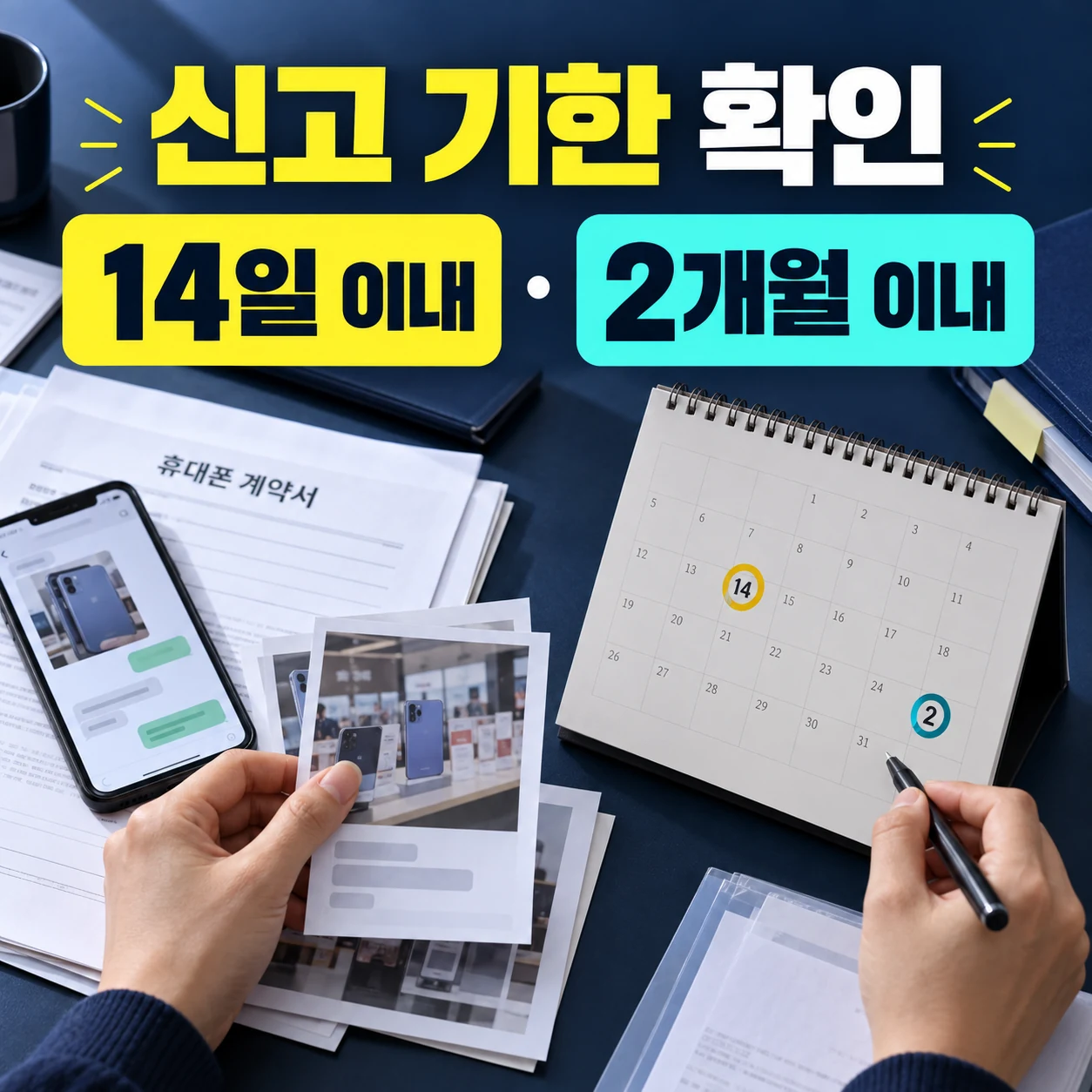 휴대전화 거짓 광고 신고를 위해 계약서와 광고 캡처를 준비하고 14일과 2개월 기한을 확인하는 모습