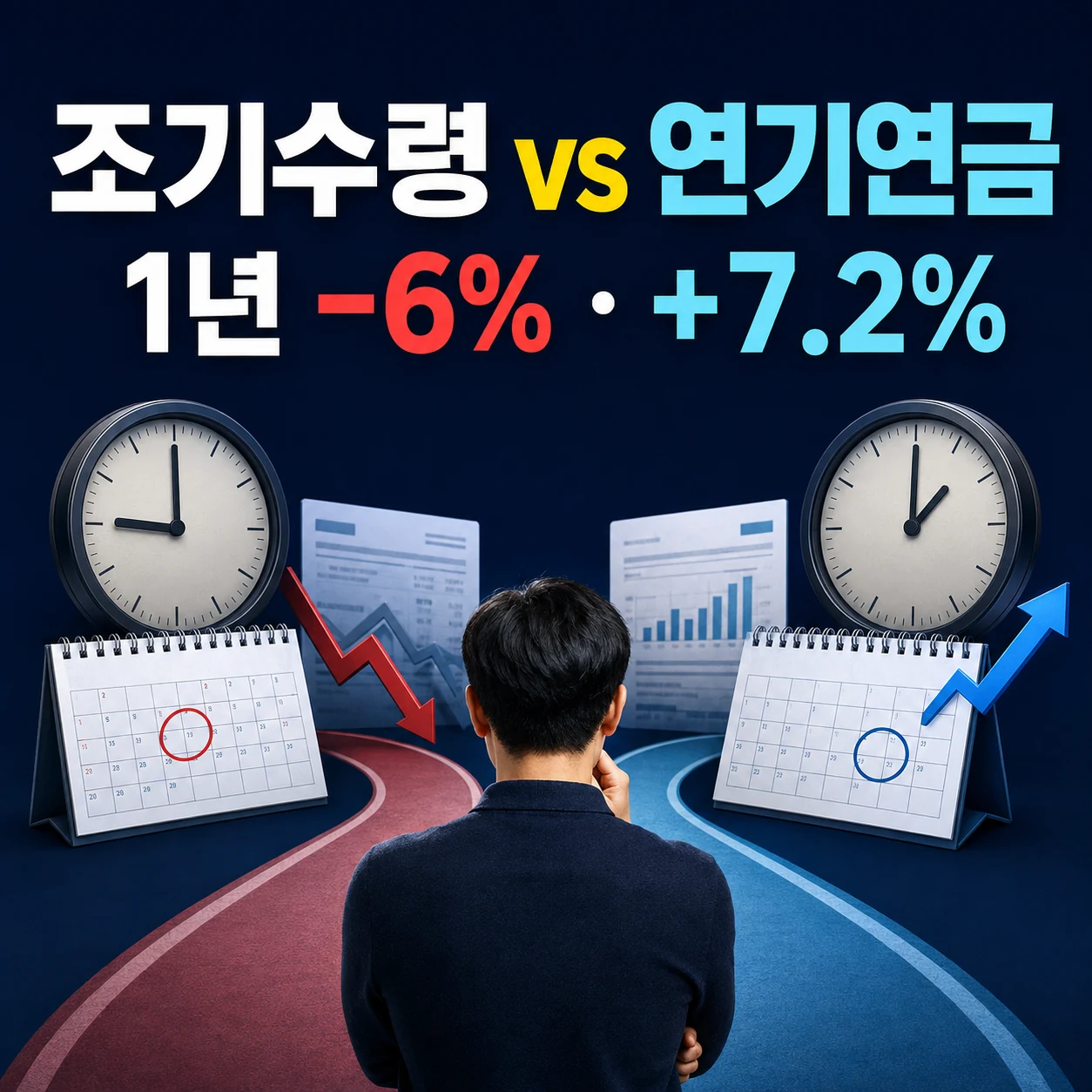 국민연금 조기수령 1년 6퍼센트 감액과 연기연금 1년 7.2퍼센트 증액 비교 카드뉴스