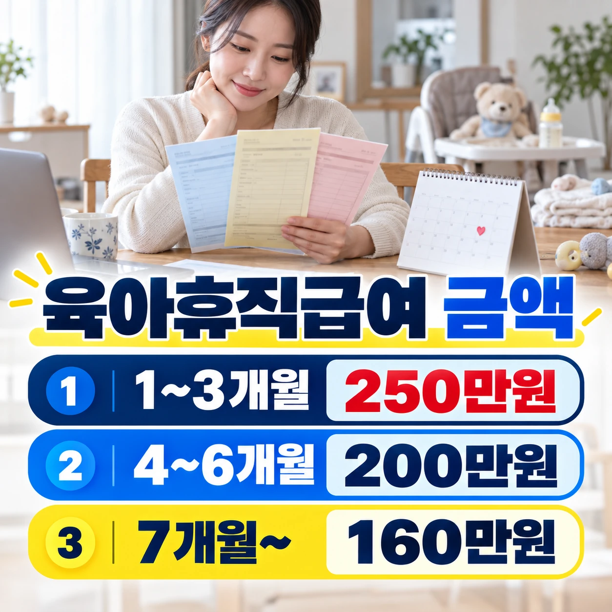 육아휴직급여 1~3개월 250만원 4~6개월 200만원 7개월 이후 160만원 카드뉴스