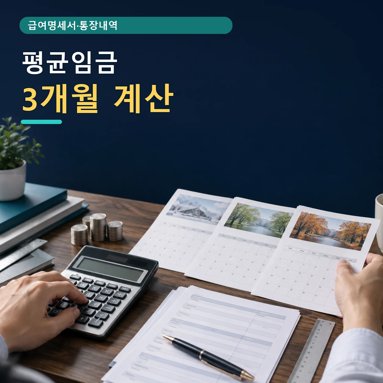 퇴직 전 3개월 달력과 급여명세서, 계산기로 평균임금을 확인하는 모습