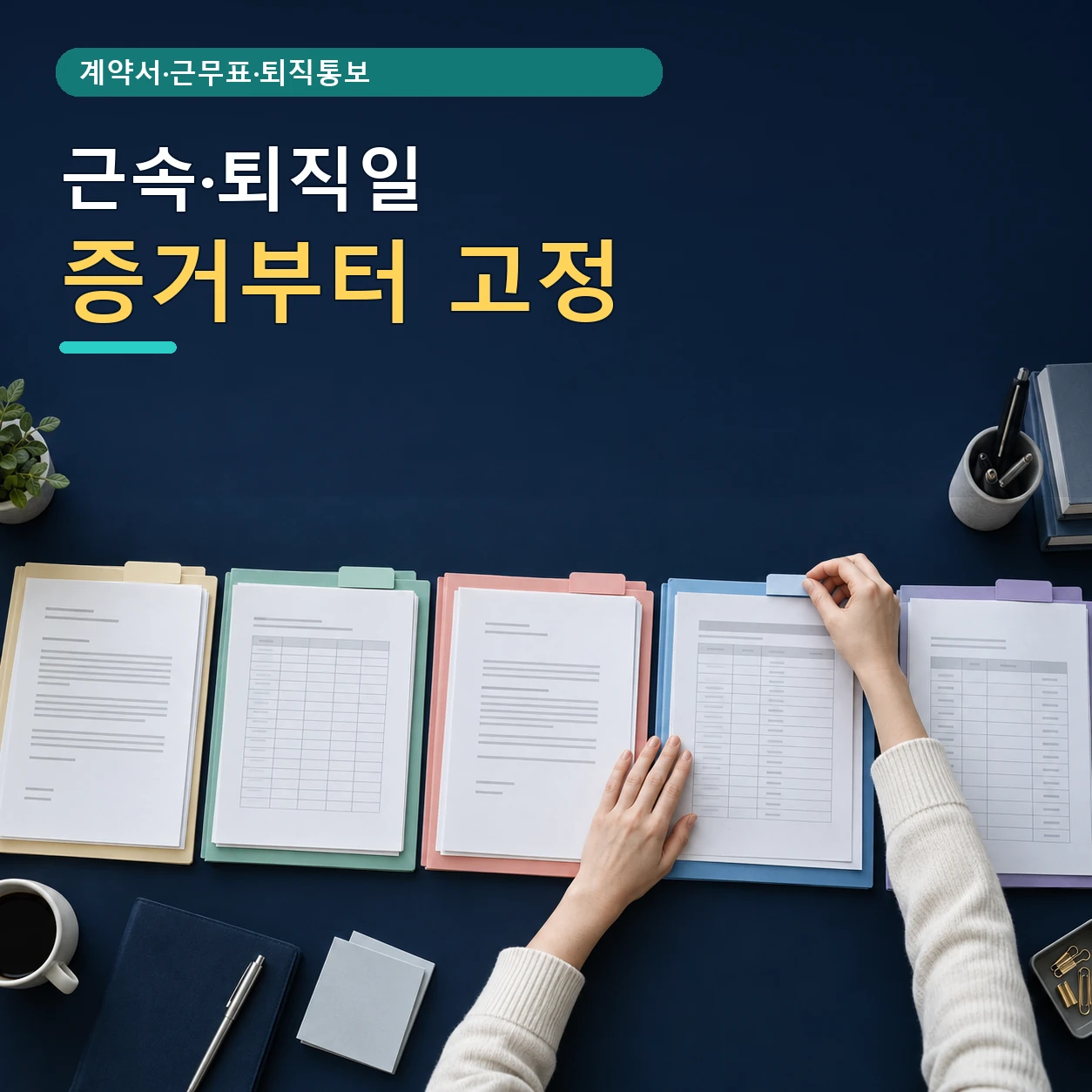 퇴직급여 체불 신고에 필요한 근로계약과 근속기간, 임금, 지급내역, 퇴직연금 자료를 다섯 폴더로 정리하는 모습
