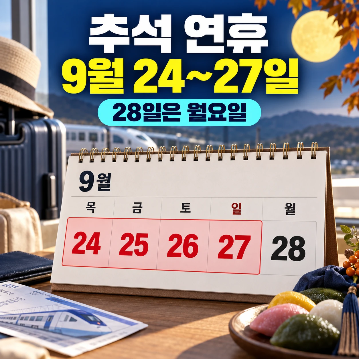 2026 추석 연휴 9월 24일부터 27일까지와 28일 월요일 일정 카드뉴스