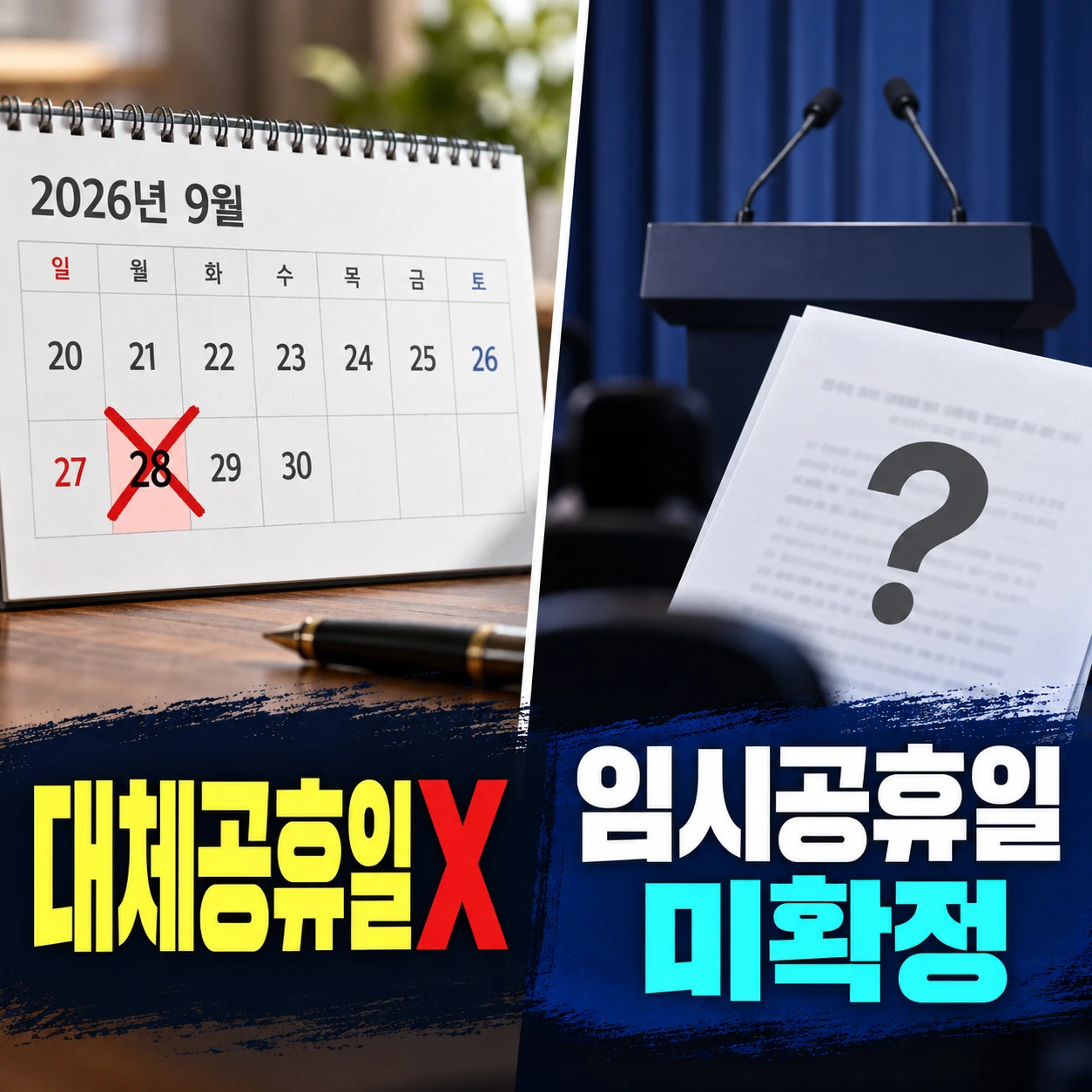 9월 28일 대체공휴일 아님과 임시공휴일 미확정 비교 카드뉴스
