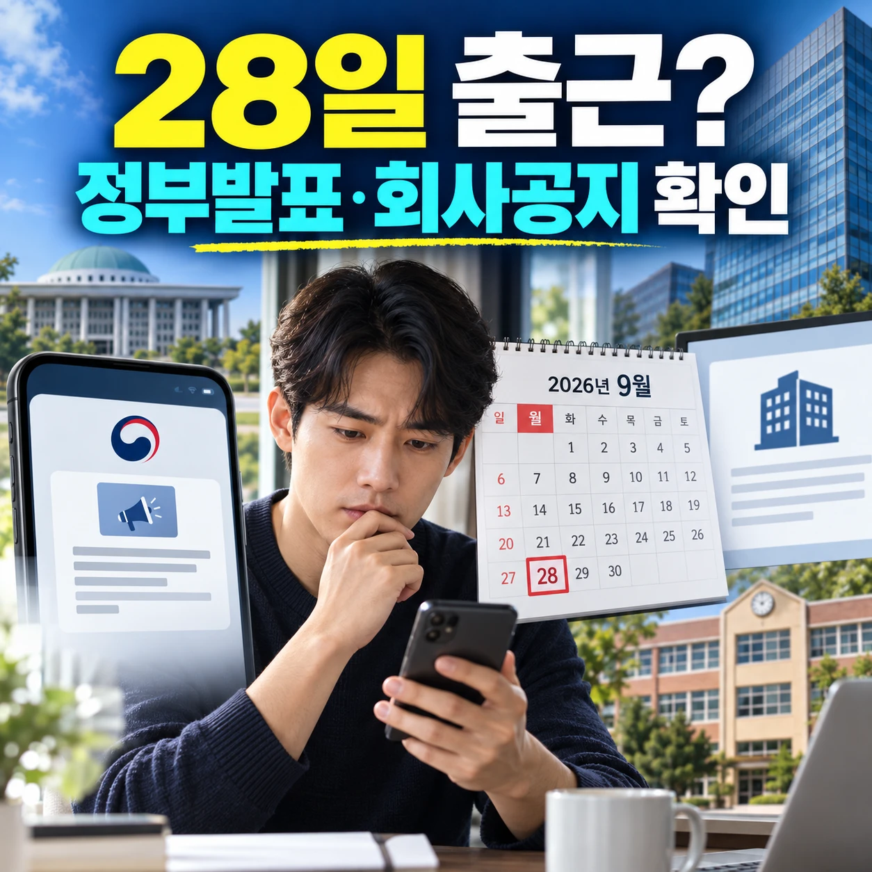 9월 28일 출근 여부를 정부 발표와 회사 공지에서 확인하는 직장인 카드뉴스