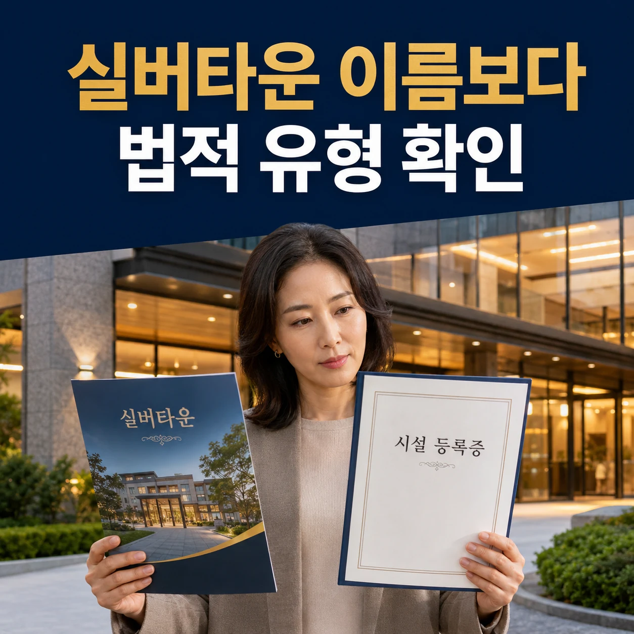 실버타운 계약 전 노인복지주택과 시설 등록 유형을 비교하는 카드뉴스