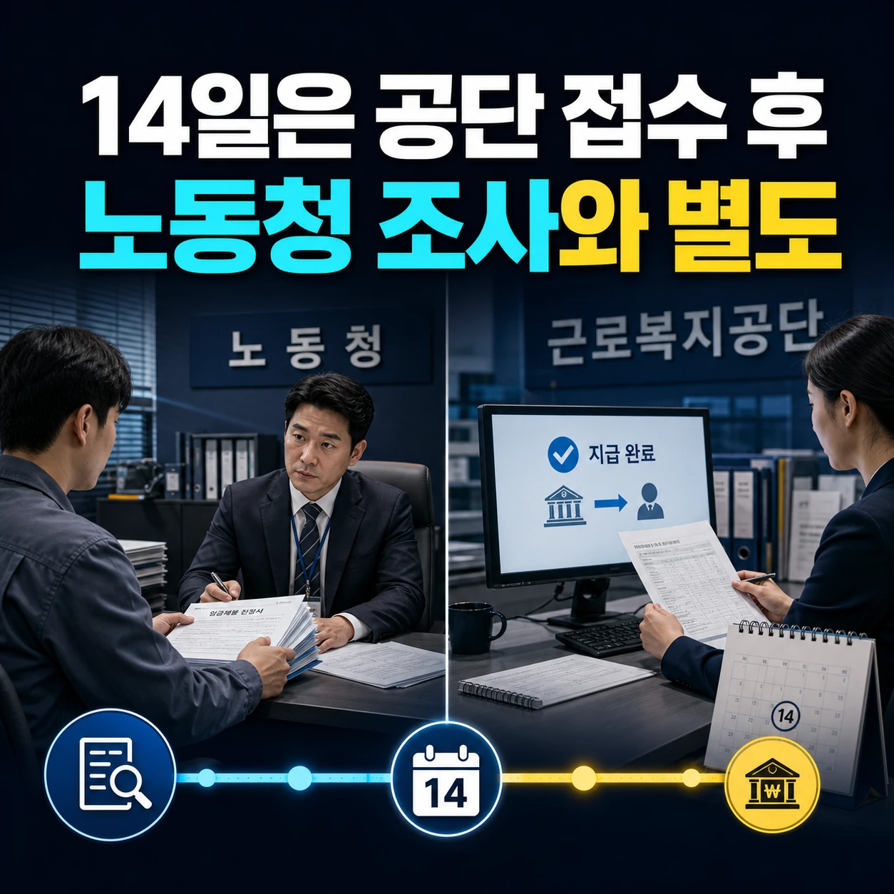 간이대지급금 노동청 조사와 근로복지공단 접수 후 14일 처리기간 구분 카드뉴스