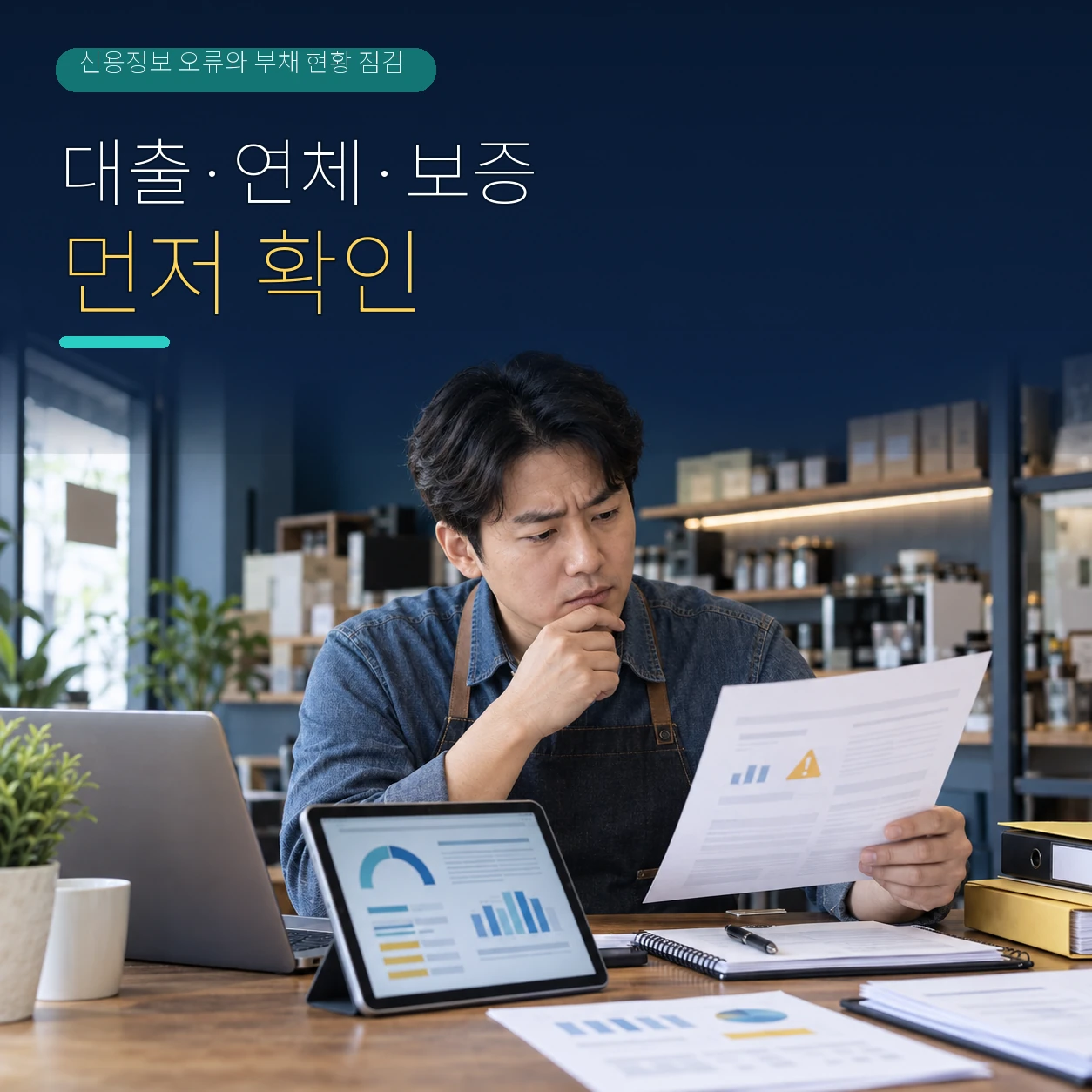소상공인이 대출 연체 보증 정보를 확인하며 신용점수를 관리하는 모습