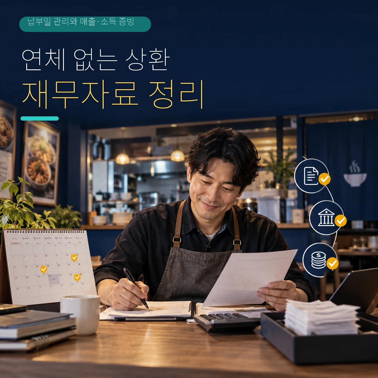 소상공인이 연체 없이 상환일과 재무자료를 정리하는 모습