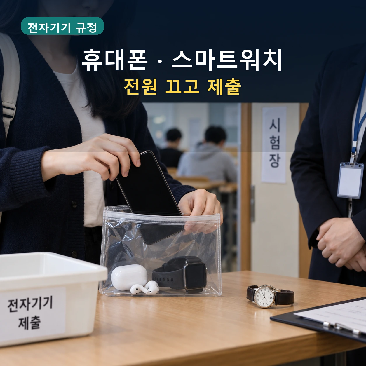 토익 시험 전 휴대폰 스마트워치 무선이어폰 전원을 끄고 제출하는 모습