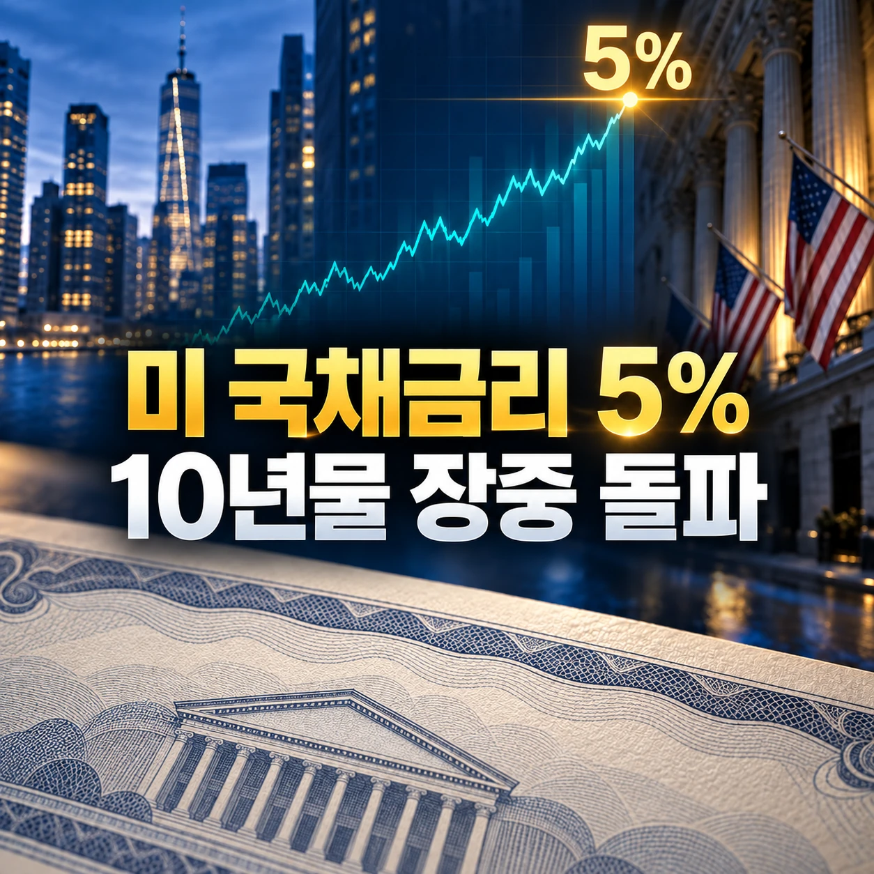 미국 10년물 국채금리 장중 5.00%와 재무부 일일 공식치 4.97%를 구분한 화면