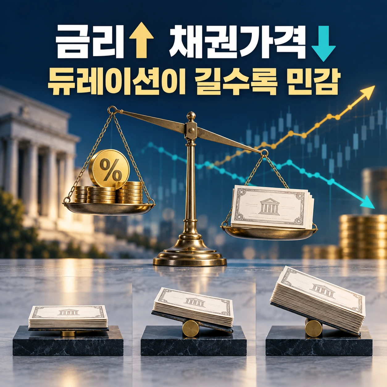 미 국채금리가 오르면 채권가격이 내려가고 듀레이션이 길수록 가격 변동이 커지는 구조