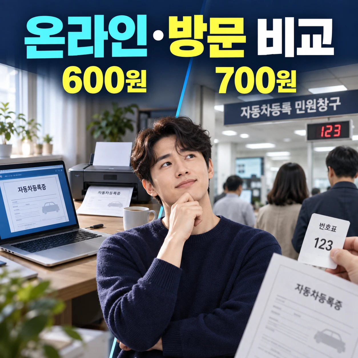 자동차등록증 재발급 인터넷 수수료 600원과 방문 수수료 700원을 비교하는 카드뉴스