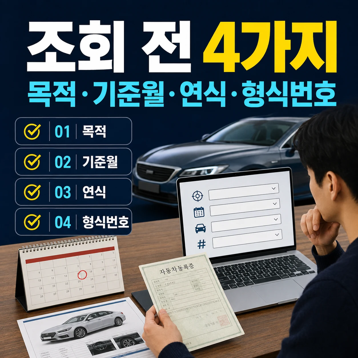 차량가액조회 전 목적 기준월 연식 형식번호 확인 카드뉴스