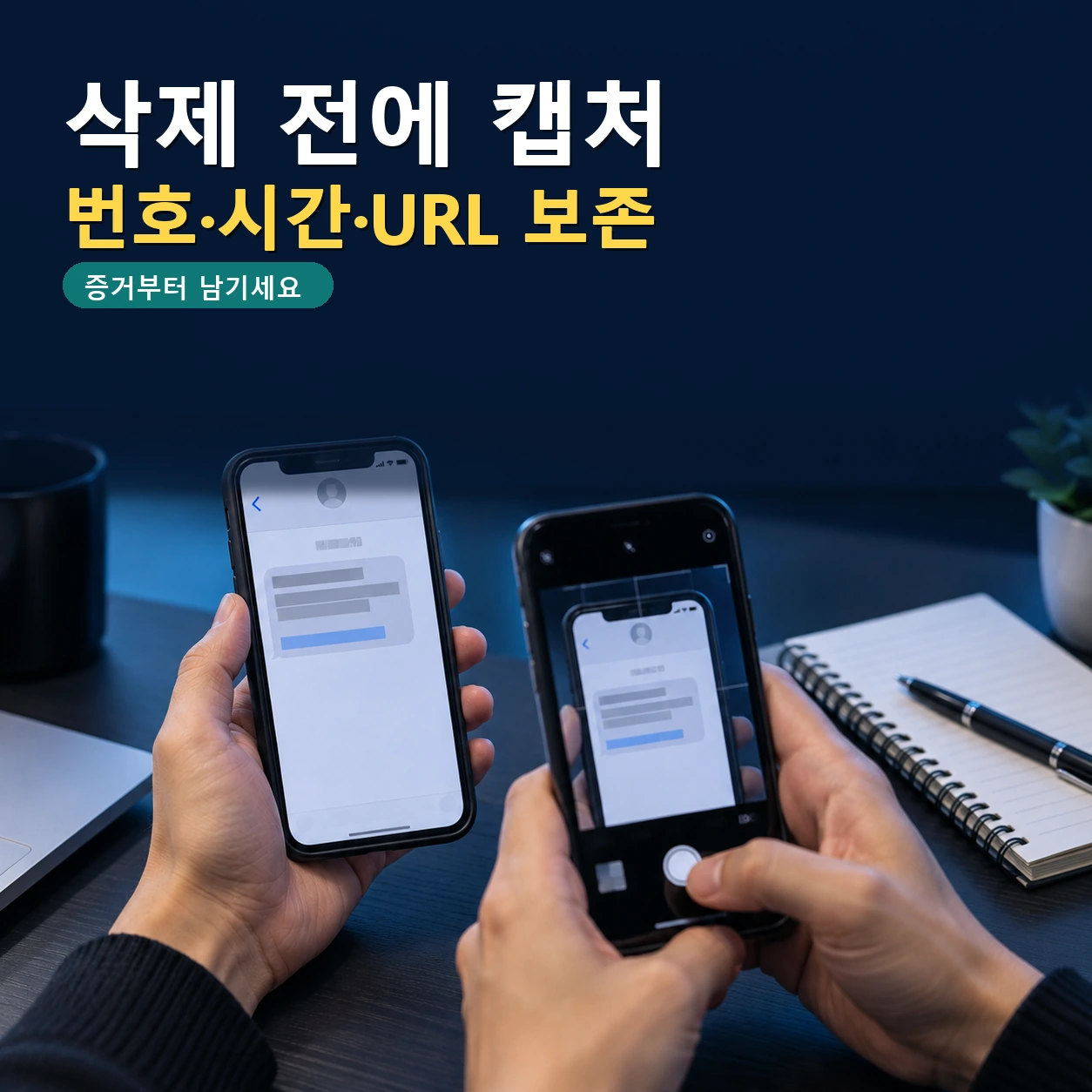 보이스피싱 의심 문자의 발신번호와 수신시각, 링크가 보이도록 다른 휴대전화로 증거를 촬영하는 모습