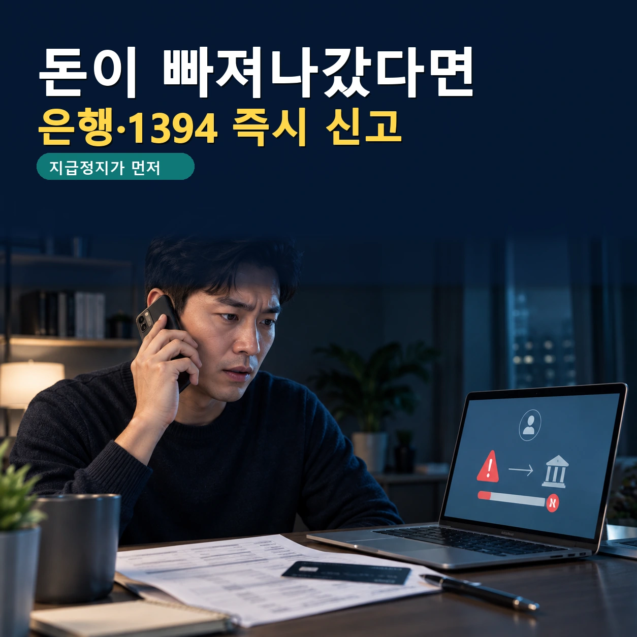 보이스피싱 송금 피해를 확인하고 안전한 전화로 은행에 지급정지를 요청하는 모습