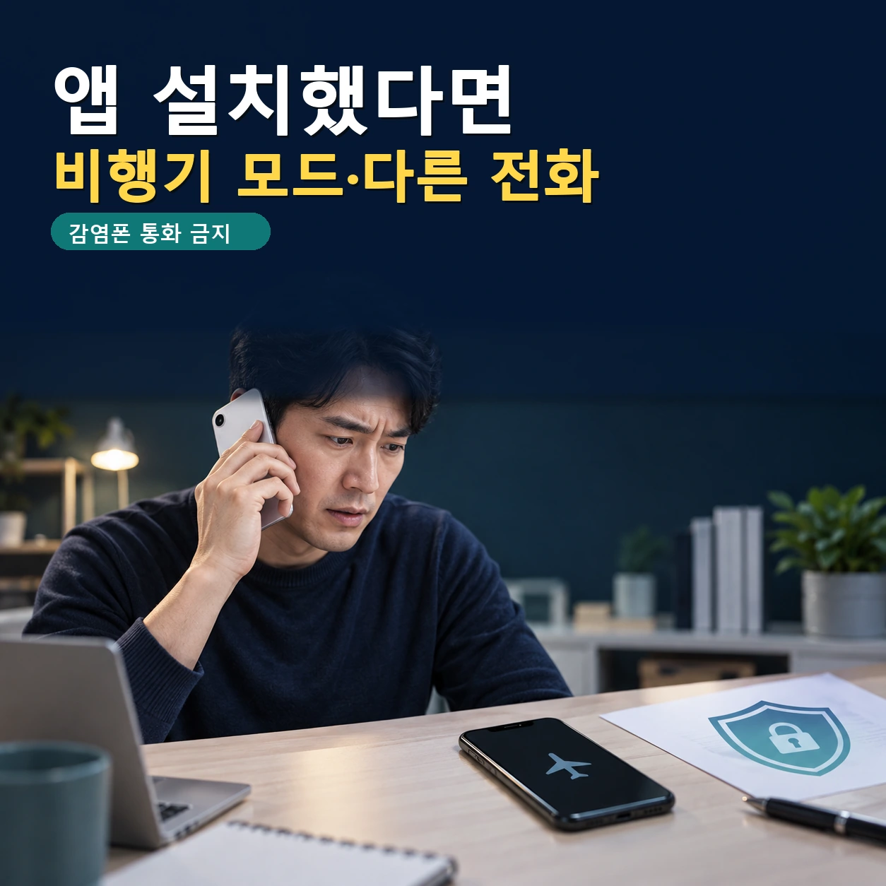 악성앱 설치가 의심되는 휴대전화를 비행기 모드로 두고 안전한 다른 전화로 신고하는 모습
