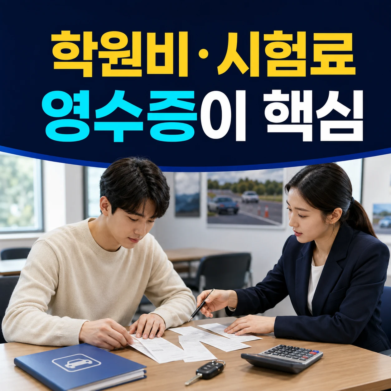 청년 운전면허 학원비와 시험료 영수증을 확인하는 카드뉴스