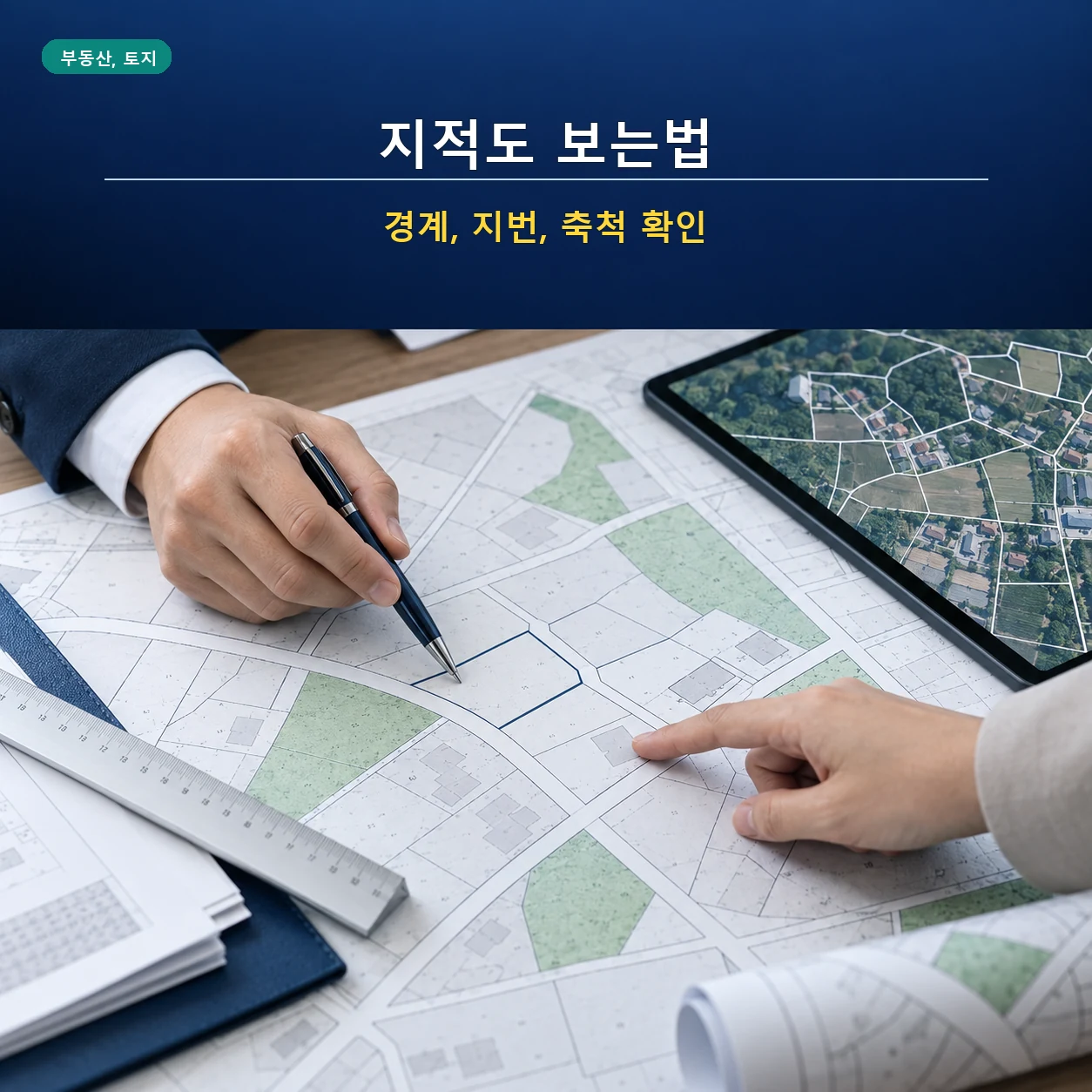 지적도 도면과 실제 토지 경계를 비교하고 경계복원측량을 확인하는 이미지