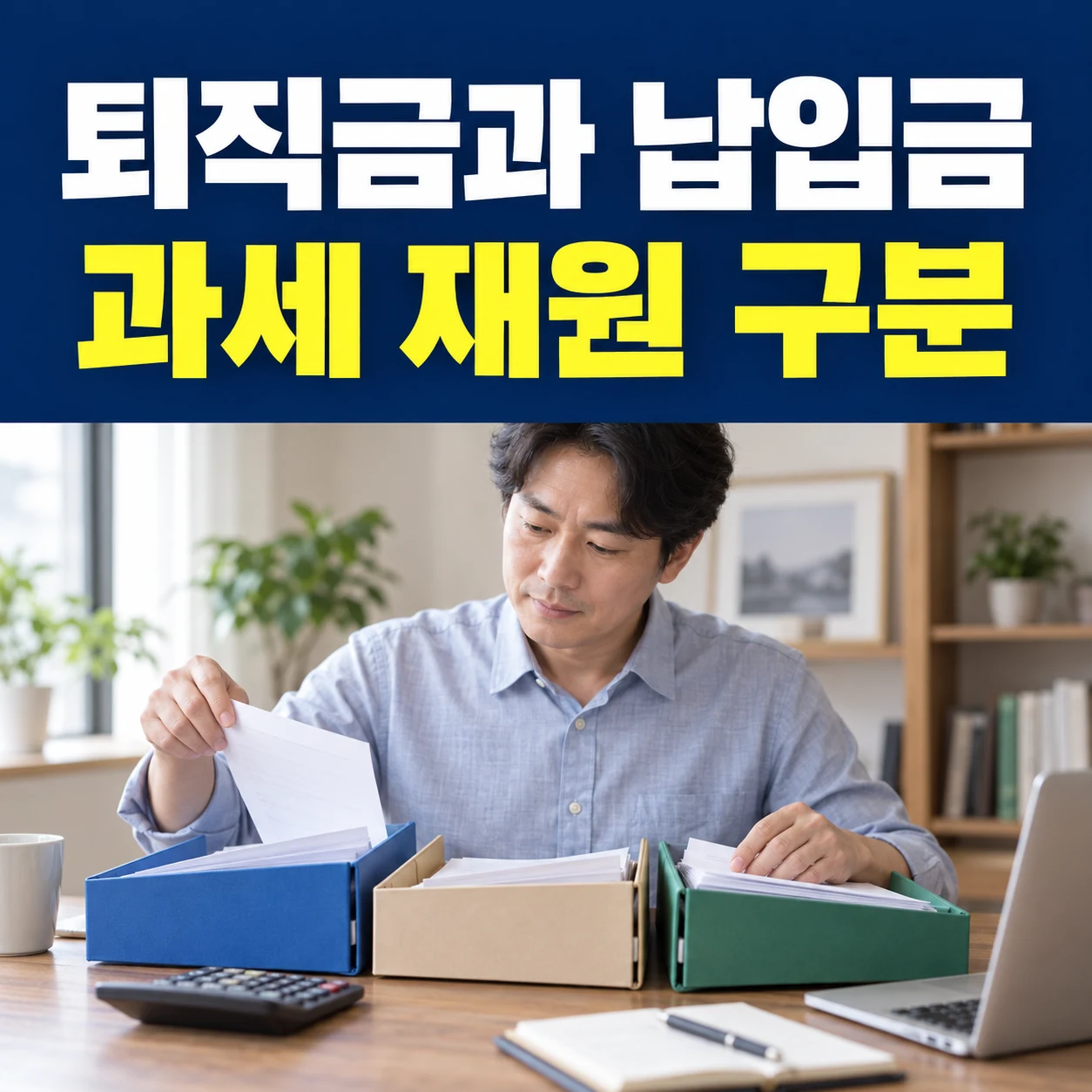 퇴직금과 납입금 과세 재원 구분이라는 큰 한글과 서류를 분류하는 사용자 사진