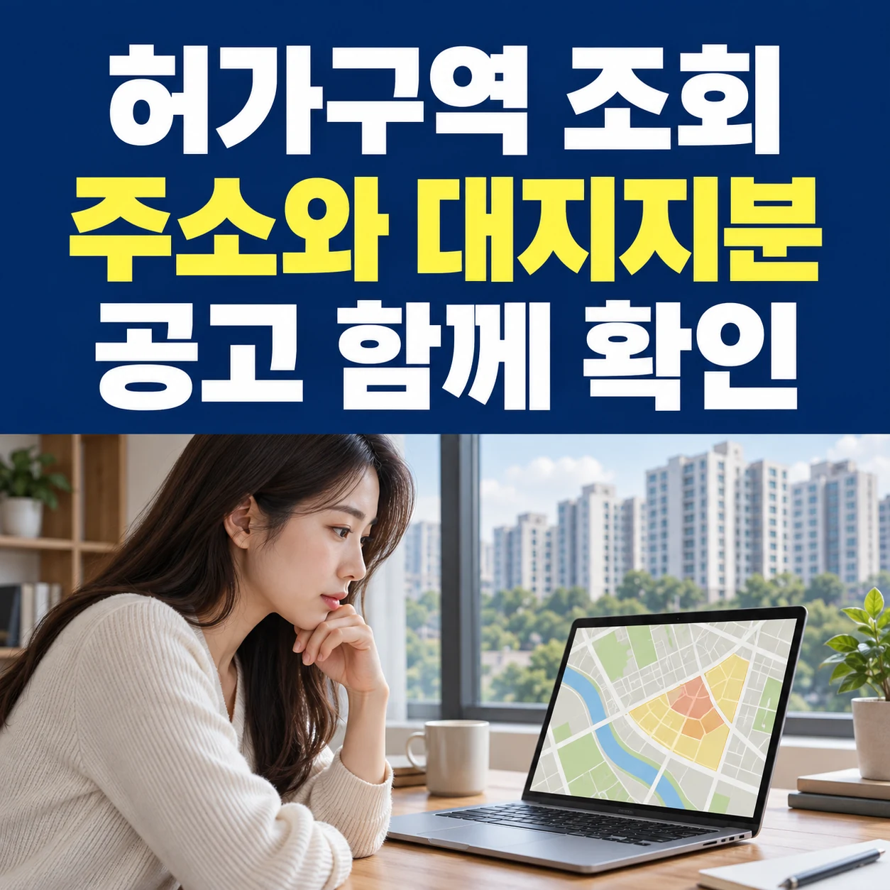 허가구역 조회 주소와 대지지분 공고 함께 확인이라는 큰 한글과 노트북으로 위치를 살펴보는 사진