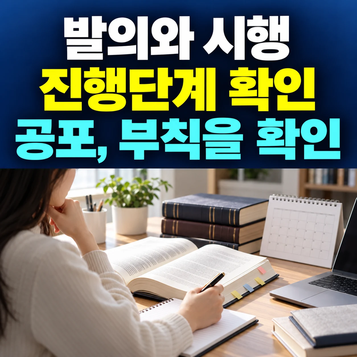 발의와 시행 진행단계 및 공포 부칙을 확인하라는 큰 한글과 법률자료 확인 사진