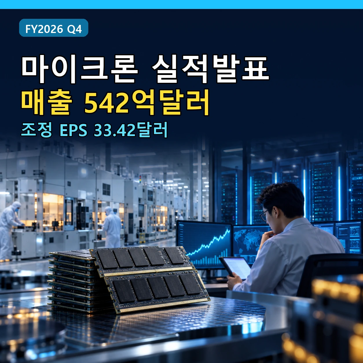 마이크론 FY2026 4분기 매출 542억달러와 조정 EPS 33.42달러를 보여주는 실적 이미지